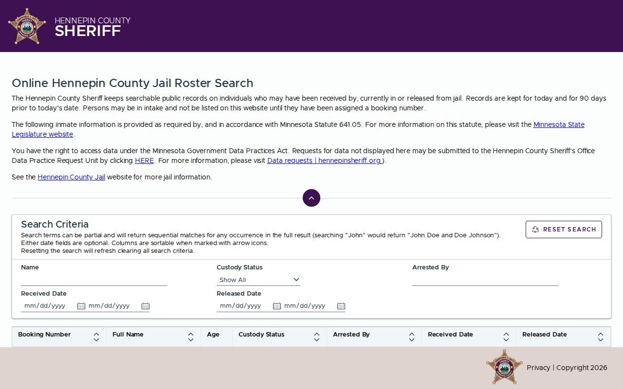 Minneapolis residents directory Hennepin County custody roster search fields