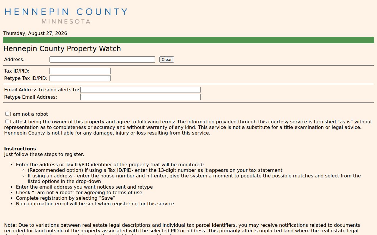 Minneapolis street directory Hennepin Property Watch owner recording alert enrollment