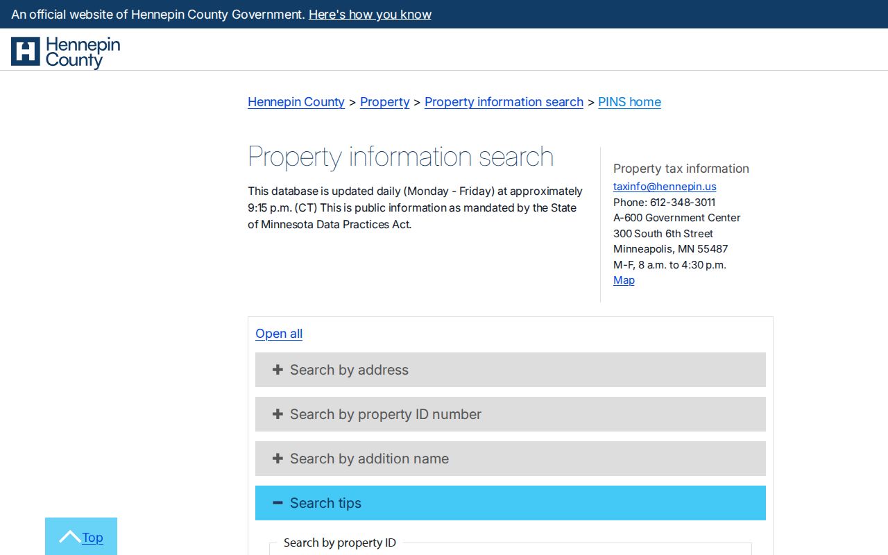 Minneapolis street directory Hennepin property search by address, PID, or addition