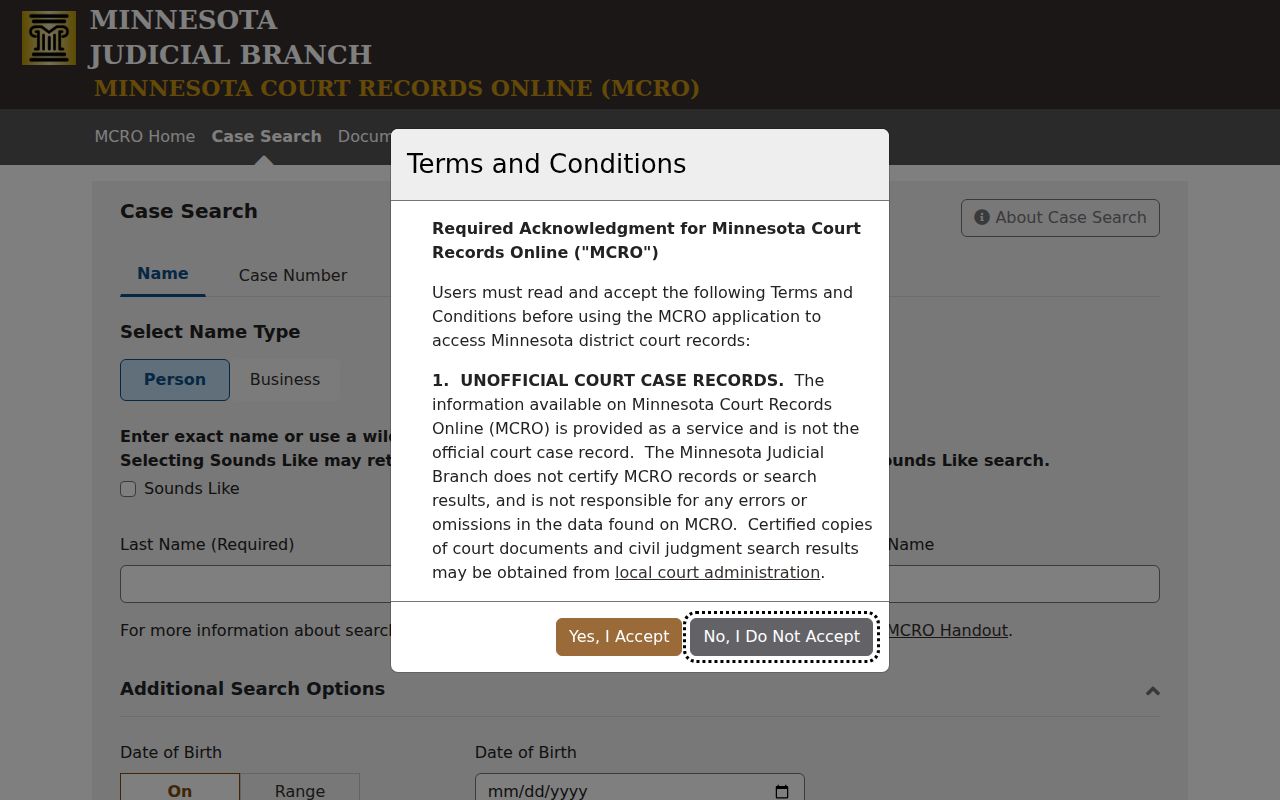 Minneapolis resident lookup through Minnesota MCRO case-name search